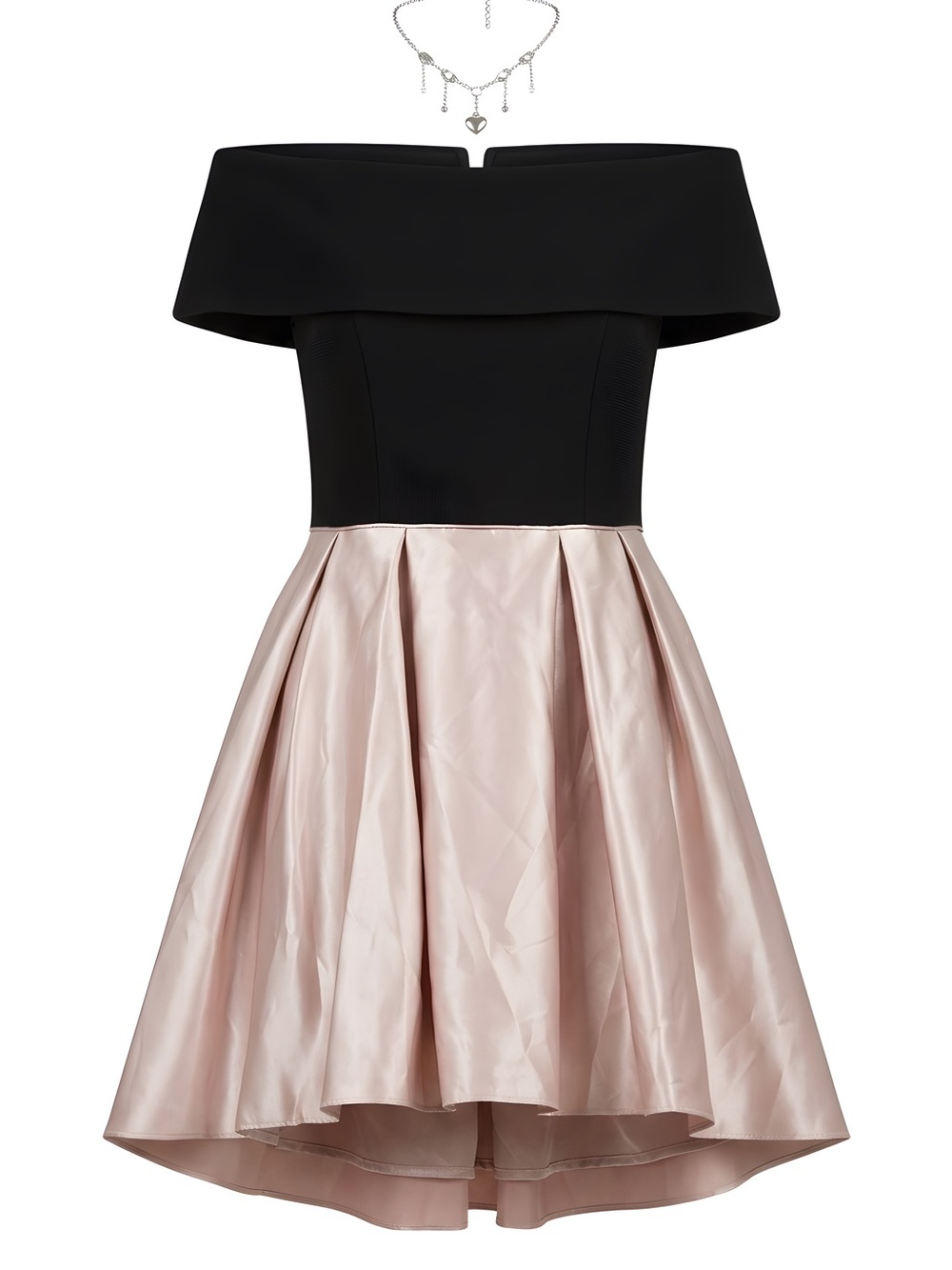 Betsy & Adam Black Off-Shoulder Bodice with Blush Pink Satin Skirt